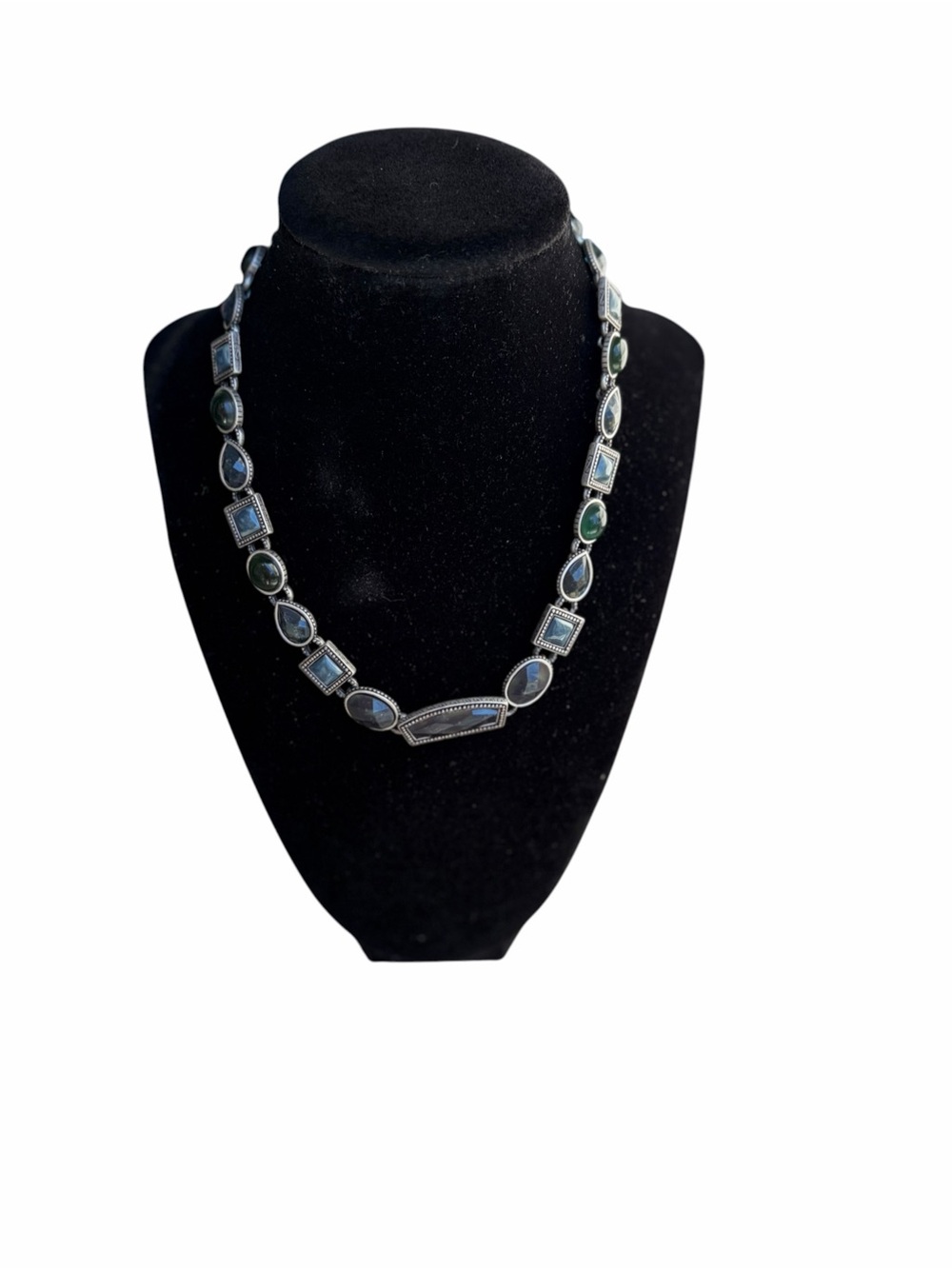 Vintage Silver Tone Geometric Green Blue Glass Cabochon Link Necklace Signed Tag